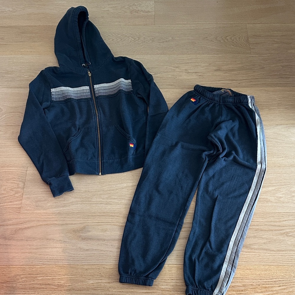 Aviator Nation Charcoal Sweatpants & Hoodie with Light Gray Stripes